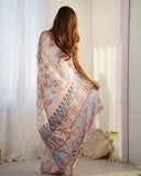 Soft Pastel Pink Floral Silk Saree with Printed Ethnic Border & Blouse Piece