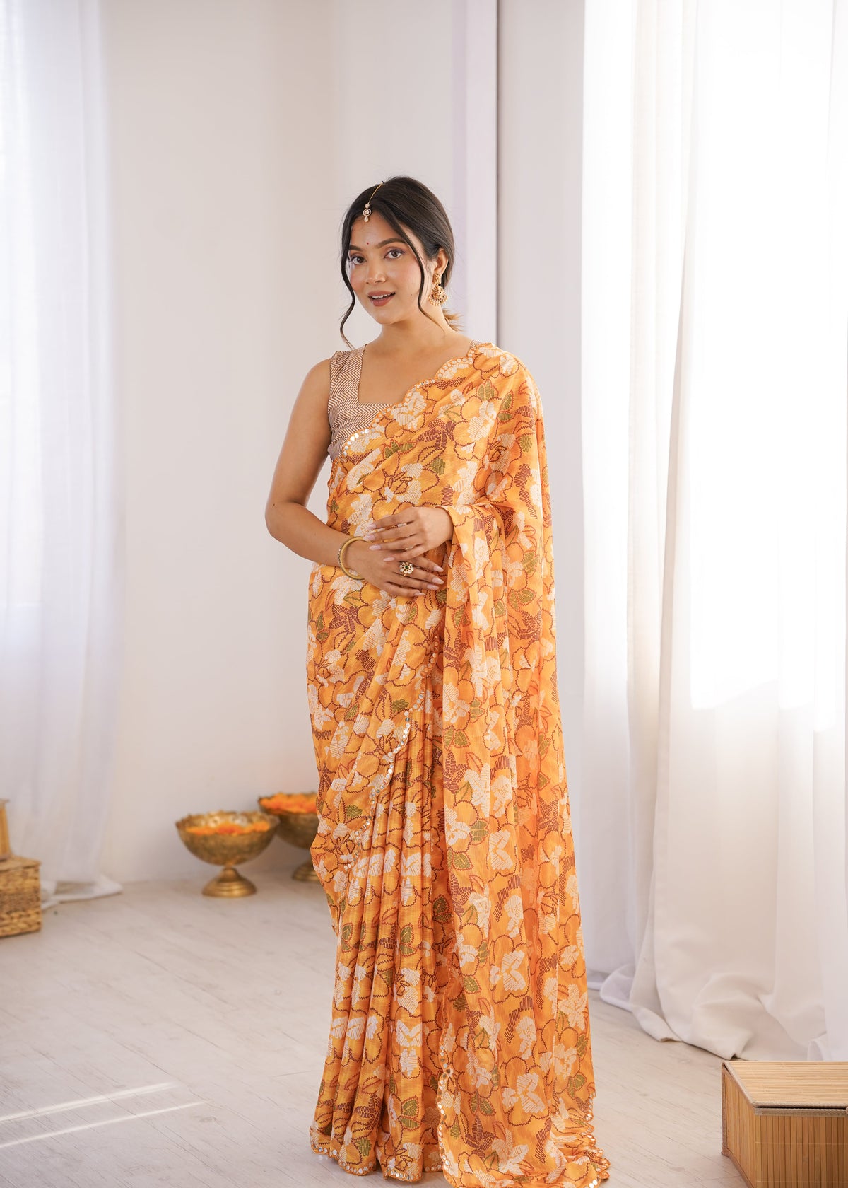 Orange Floral Printed Saree with Mirror Border Lightweight Festive Wear Saree