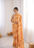 Orange Floral Printed Saree with Mirror Border Lightweight Festive Wear Saree