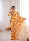 Orange Floral Printed Saree with Mirror Border Lightweight Festive Wear Saree