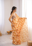 Orange Floral Printed Saree with Mirror Border Lightweight Festive Wear Saree