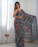 Navy Blue Multicolor Printed Silk Saree with Embellished Border and Blouse