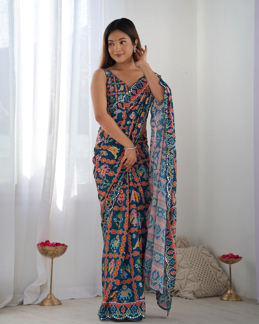 Navy Blue Multicolor Printed Silk Saree with Embellished Border and Blouse