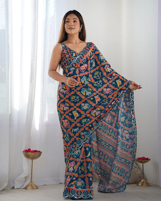 Navy Blue Multicolor Printed Silk Saree with Embellished Border and Blouse