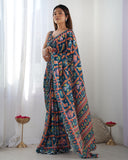 Navy Blue Multicolor Printed Silk Saree with Embellished Border and Blouse