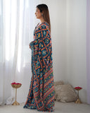 Navy Blue Multicolor Printed Silk Saree with Embellished Border and Blouse