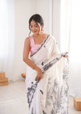White Printed Saree with Mirror Border Lightweight Festive Wear Saree