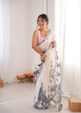 White Printed Saree with Mirror Border Lightweight Festive Wear Saree