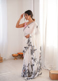 White Printed Saree with Mirror Border Lightweight Festive Wear Saree