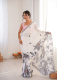 White Printed Saree with Mirror Border Lightweight Festive Wear Saree