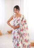 White Printed Saree with Mirror Border Lightweight Festive Wear Saree