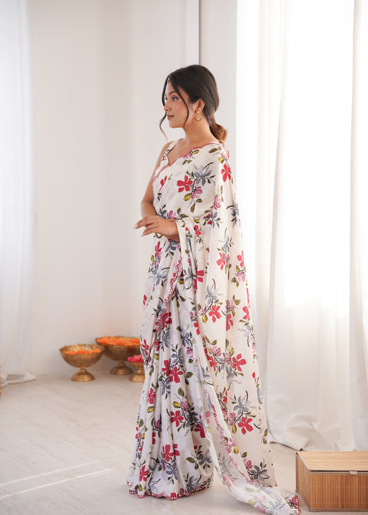 White Printed Saree with Mirror Border Lightweight Festive Wear Saree
