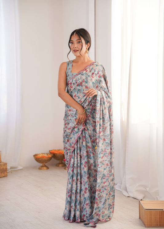 Grey Printed Saree with Mirror Border Lightweight Festive Wear Saree