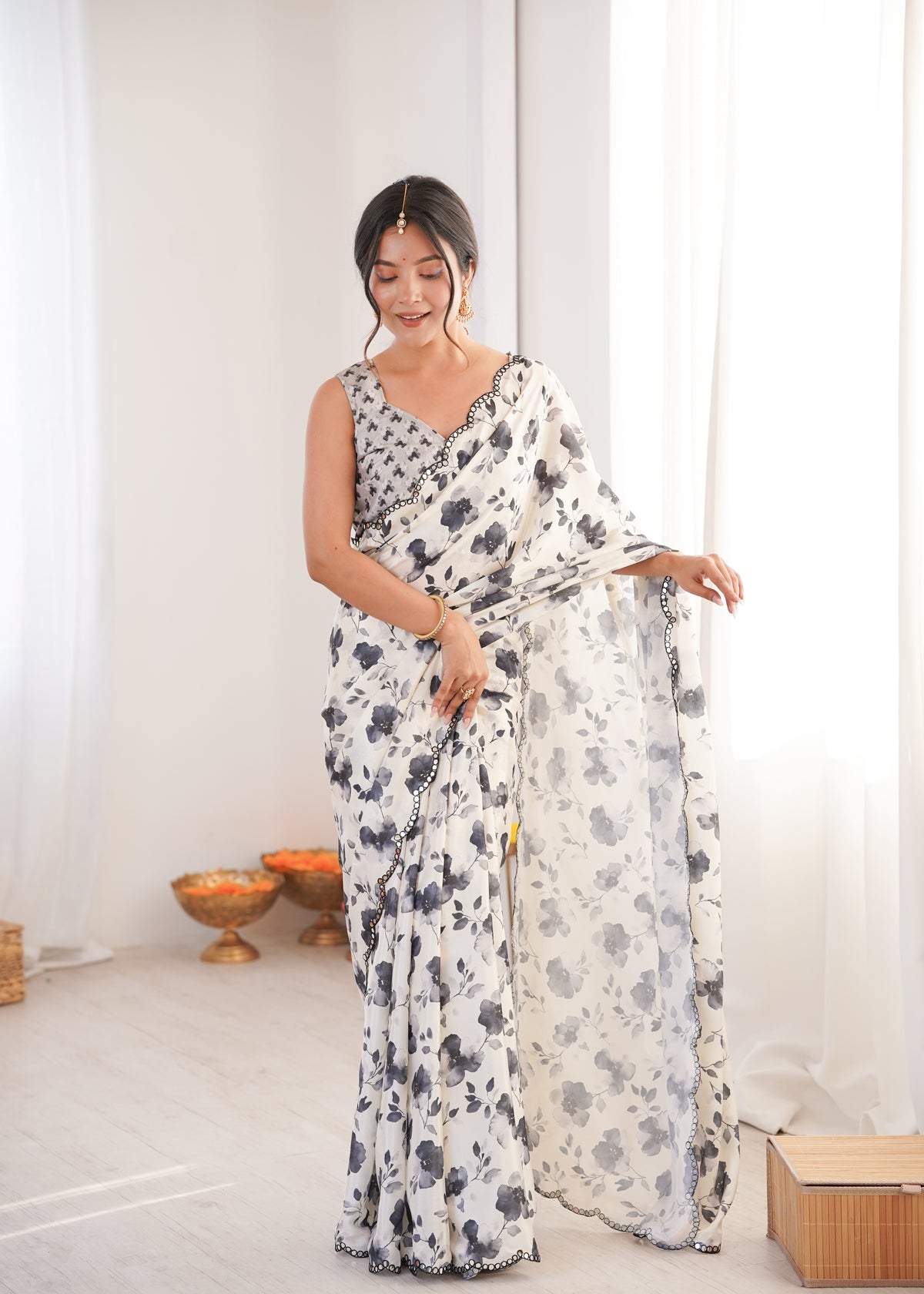 White Printed Saree with Mirror Border Lightweight Festive Wear Saree