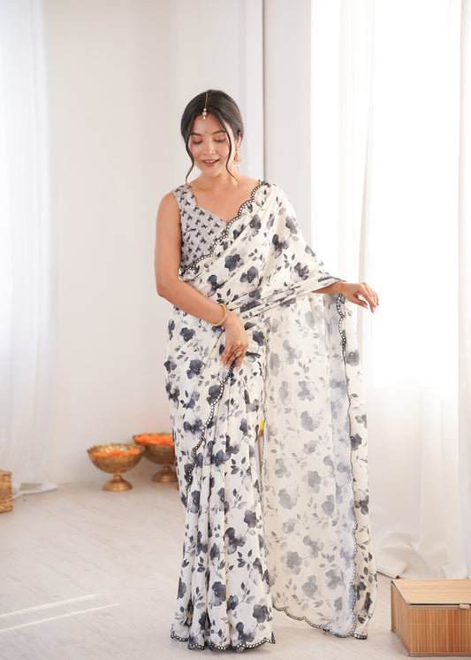 White Printed Saree with Mirror Border Lightweight Festive Wear Saree