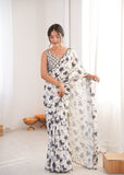 White Printed Saree with Mirror Border Lightweight Festive Wear Saree
