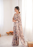 Beige Printed Saree with Mirror Border Lightweight Festive Wear Saree