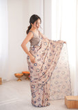 Beige Printed Saree with Mirror Border Lightweight Festive Wear Saree