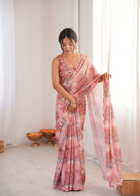 Pink Printed Saree with Mirror Border Lightweight Festive Wear Saree