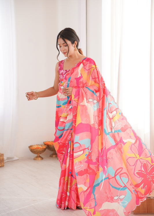 Pink Printed Saree with Mirror Border Lightweight Festive Wear Saree