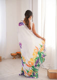 White Printed Saree with Mirror Border Lightweight Festive Wear Saree