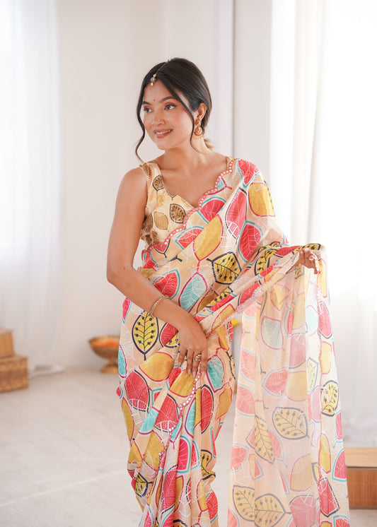 Cream Printed Saree with Mirror Border Lightweight Festive Wear Saree