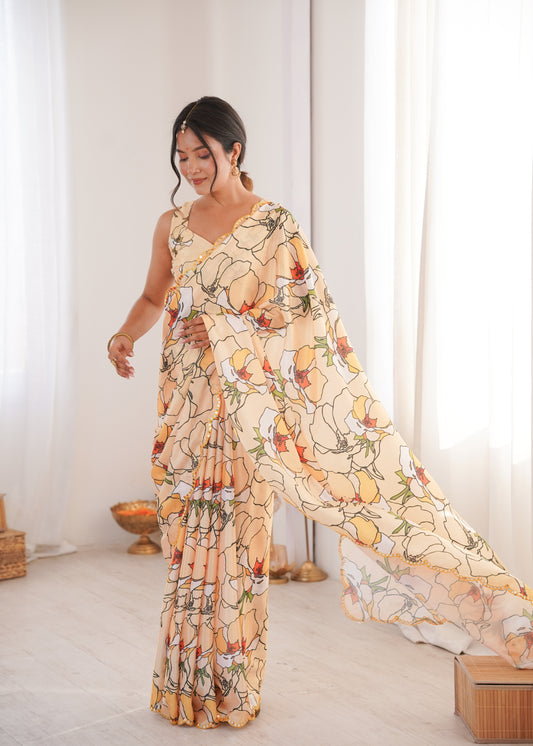 Yellow Printed Saree with Mirror Border Lightweight Festive Wear Saree