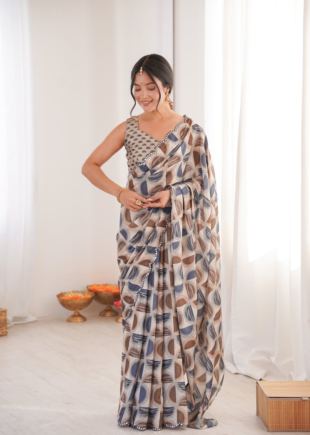 Beige Printed Saree with Mirror Border Lightweight Festive Wear Saree