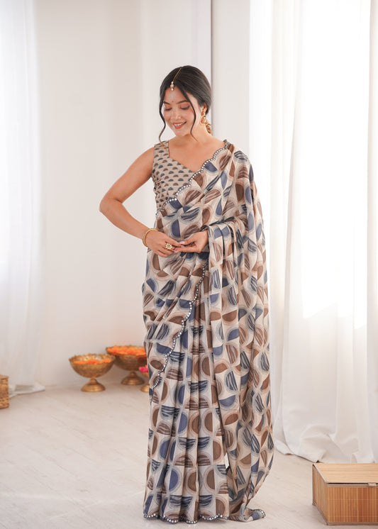 Beige Printed Saree with Mirror Border Lightweight Festive Wear Saree