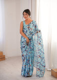Blue Printed Saree with Mirror Border Lightweight Festive Wear Saree