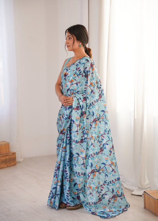 Blue Printed Saree with Mirror Border Lightweight Festive Wear Saree