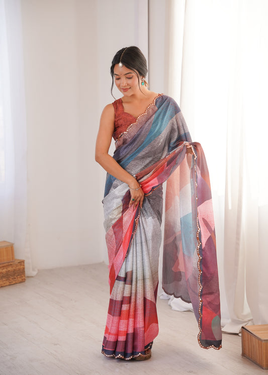 MultiColor Printed Saree with Mirror Border Lightweight Festive Wear Saree