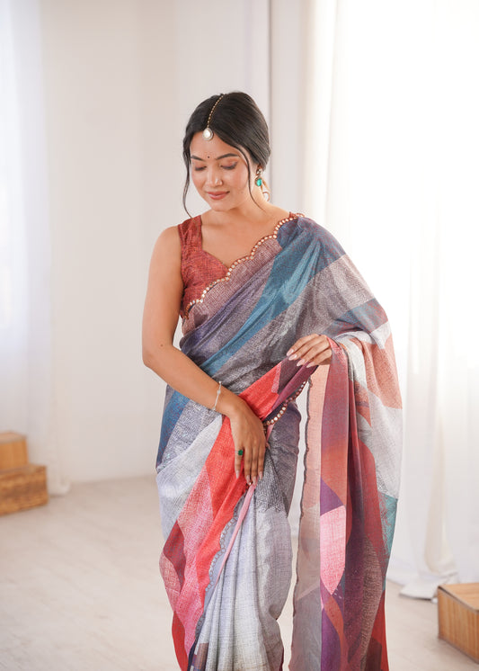 MultiColor Printed Saree with Mirror Border Lightweight Festive Wear Saree