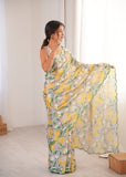 Grey Printed Saree with Mirror Border Lightweight Festive Wear Saree