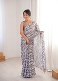 Grey Printed Saree with Mirror Border Lightweight Festive Wear Saree