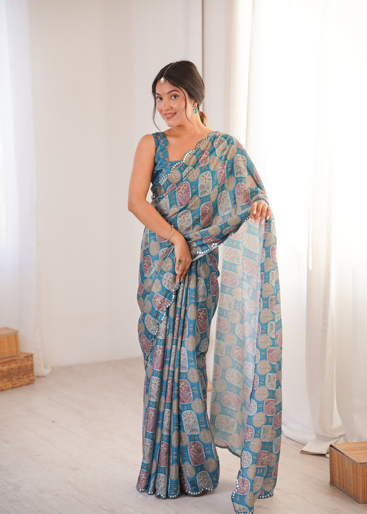 Blue Printed Saree with Mirror Border Lightweight Festive Wear Saree