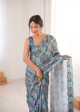 Blue Printed Saree with Mirror Border Lightweight Festive Wear Saree
