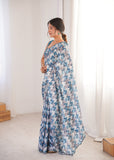 Blue Printed Saree with Mirror Border Lightweight Festive Wear Saree
