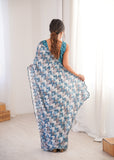 Blue Printed Saree with Mirror Border Lightweight Festive Wear Saree