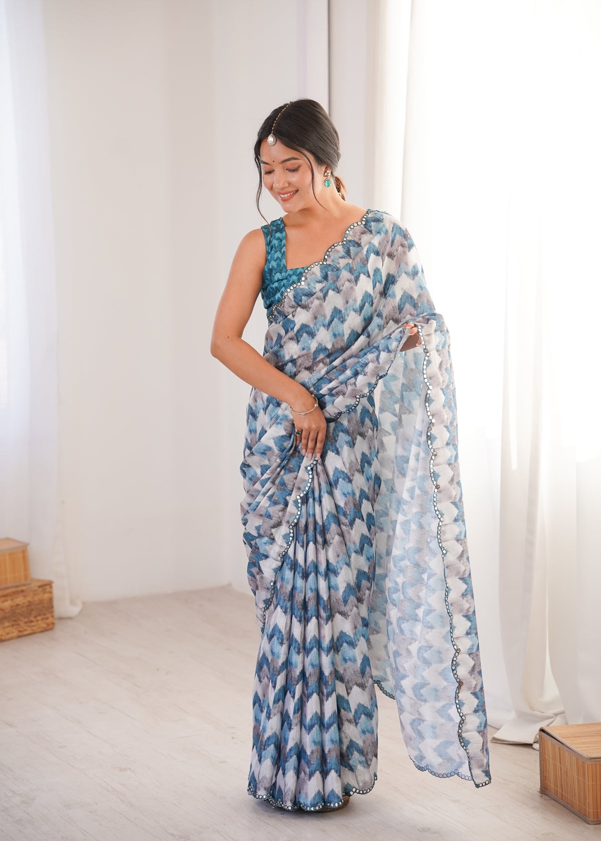 Blue Printed Saree with Mirror Border Lightweight Festive Wear Saree