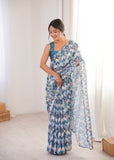 Blue Printed Saree with Mirror Border Lightweight Festive Wear Saree