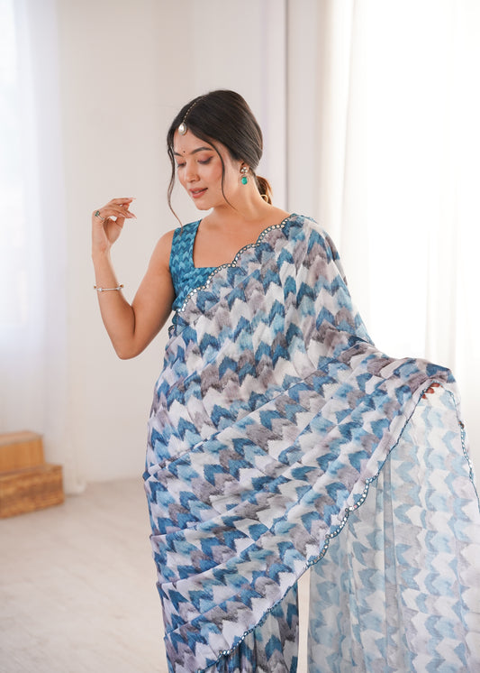 Blue Printed Saree with Mirror Border Lightweight Festive Wear Saree