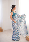 Blue Printed Saree with Mirror Border Lightweight Festive Wear Saree