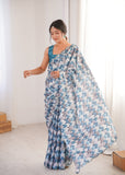 Blue Printed Saree with Mirror Border Lightweight Festive Wear Saree