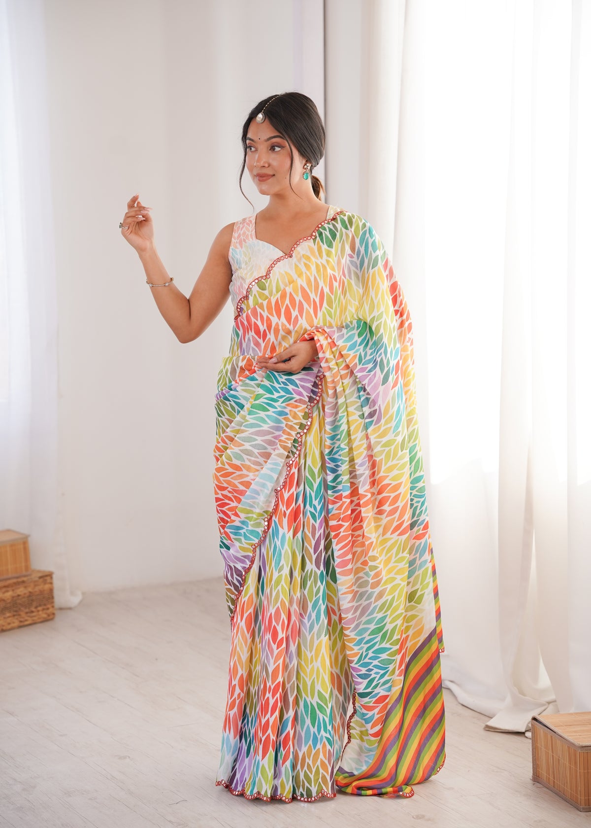 MultiColor Printed Saree with Mirror Border Lightweight Festive Wear Saree