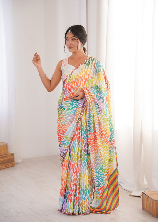 MultiColor Printed Saree with Mirror Border Lightweight Festive Wear Saree
