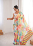 MultiColor Printed Saree with Mirror Border Lightweight Festive Wear Saree