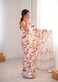 Cream Printed Saree with Mirror Border Lightweight Festive Wear Saree