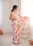 Cream Printed Saree with Mirror Border Lightweight Festive Wear Saree