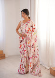 Cream Printed Saree with Mirror Border Lightweight Festive Wear Saree